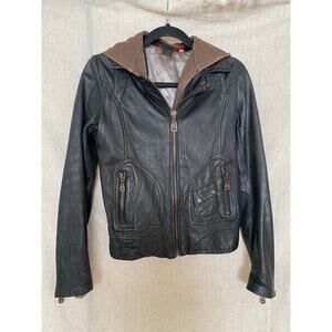 Doma Leather Hooded Zip Up Cropped Motorcycle Black Jacket Size Small